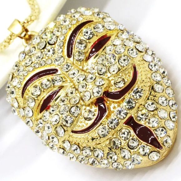 Hot Gold Enamel Smile Mask Avengers Crystal Pendant Necklace NWOT - Picture 3 of 3